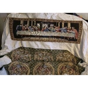 Lot of 2 Woven Tapestries Last Supper &‎ Victorian Table Runner Wall Decor